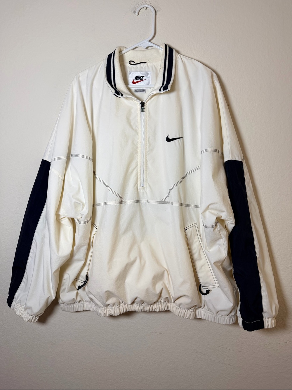 Vintage Nike Big Swoosh Pullover Windbreaker Jacket White Black XL 90s